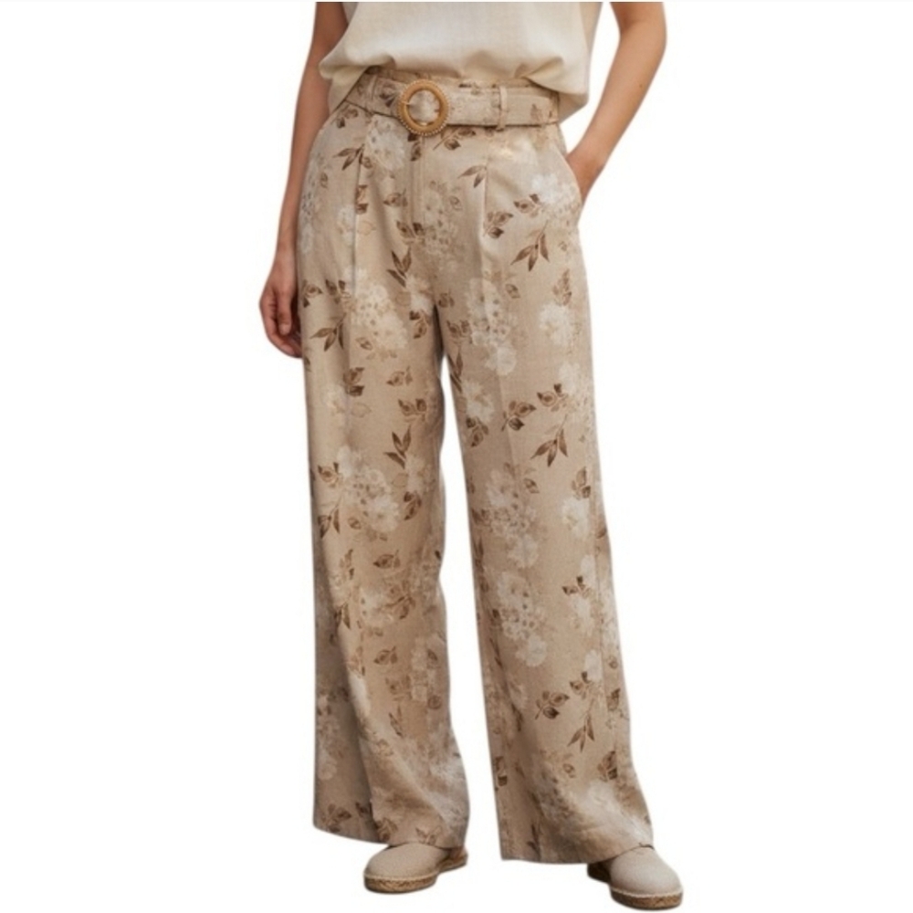 House of Harlow 1960 Floral Cream Wide-Leg Pants Size 4 Womens Belted Linen